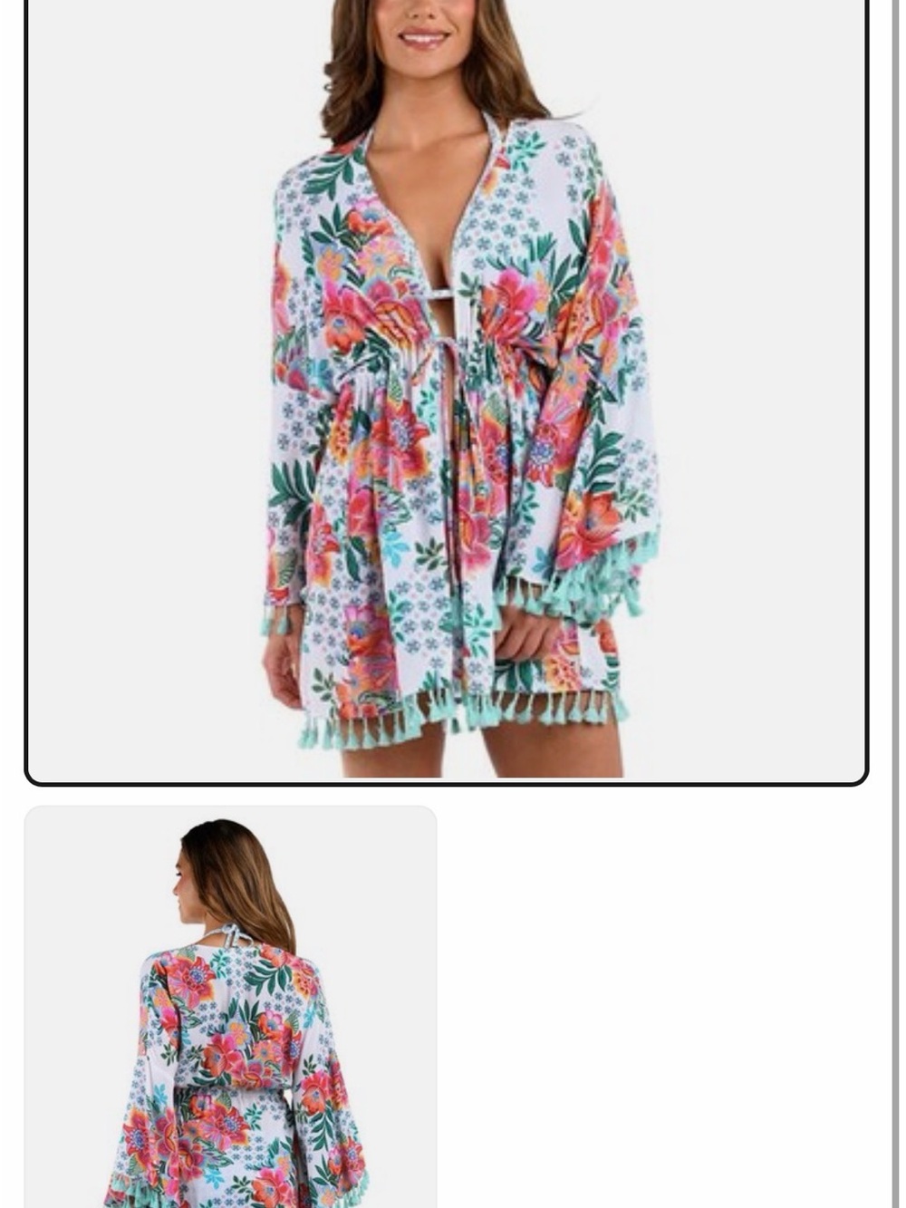 La Blanca White Floral Tie-Waist Coverup with Coral, Green and Aqua